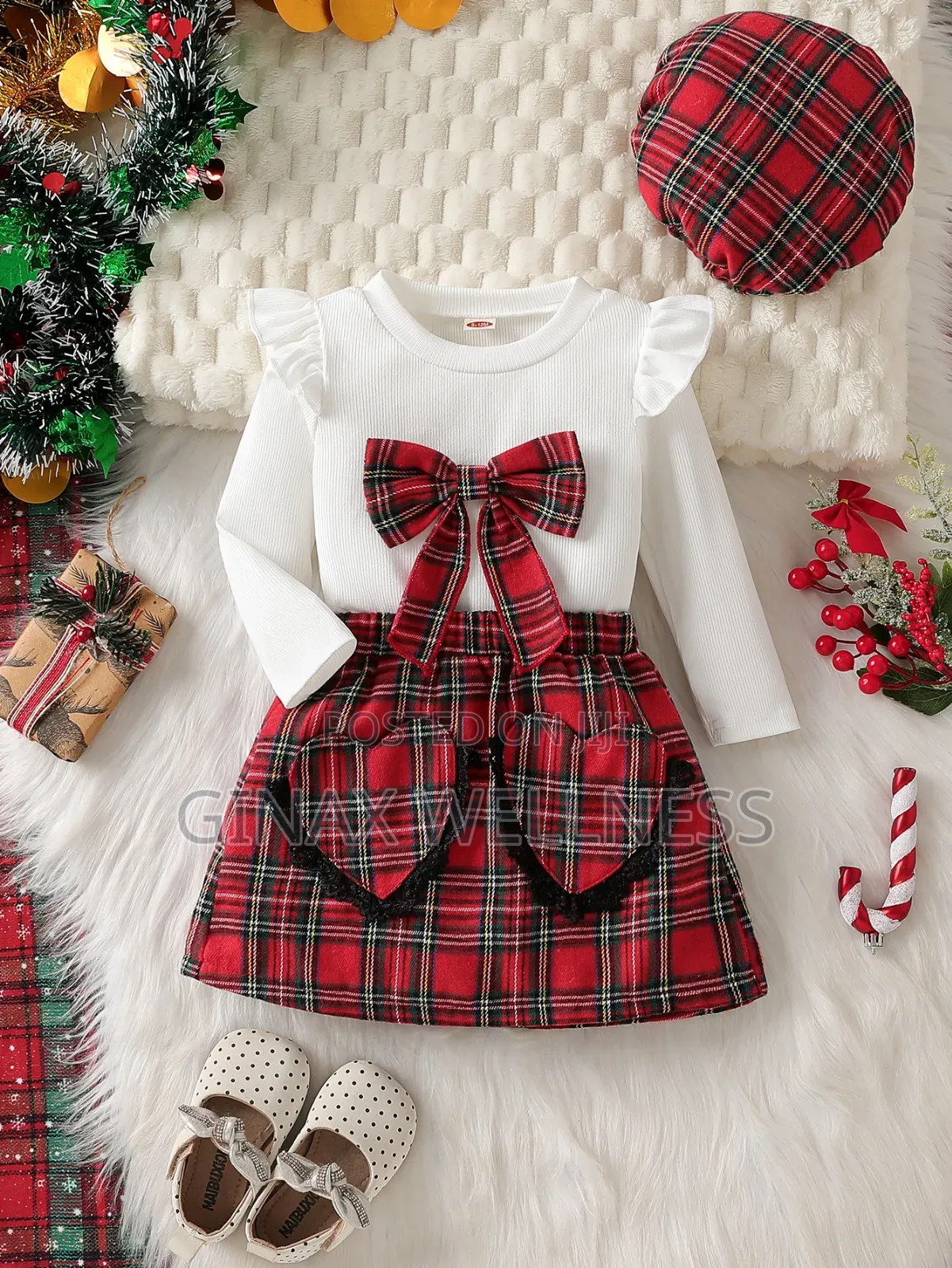 Baby Girls 3-Piece Red Plaid Skirt, Long Sleeve Top and Beret Outfit