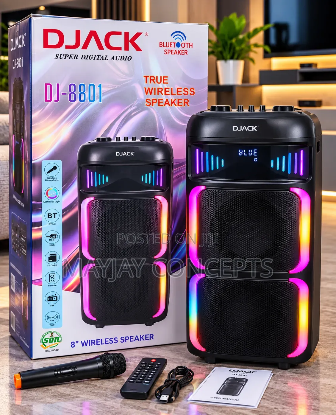 DJACK DJ-8801 Bluetooth Speaker With Wireless Mic and LED Disco Lights
