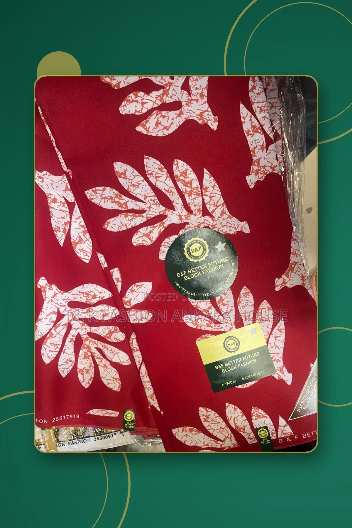 F Better Future Block Fashion Ankara, 6 Yards (Red & White Leaf)
