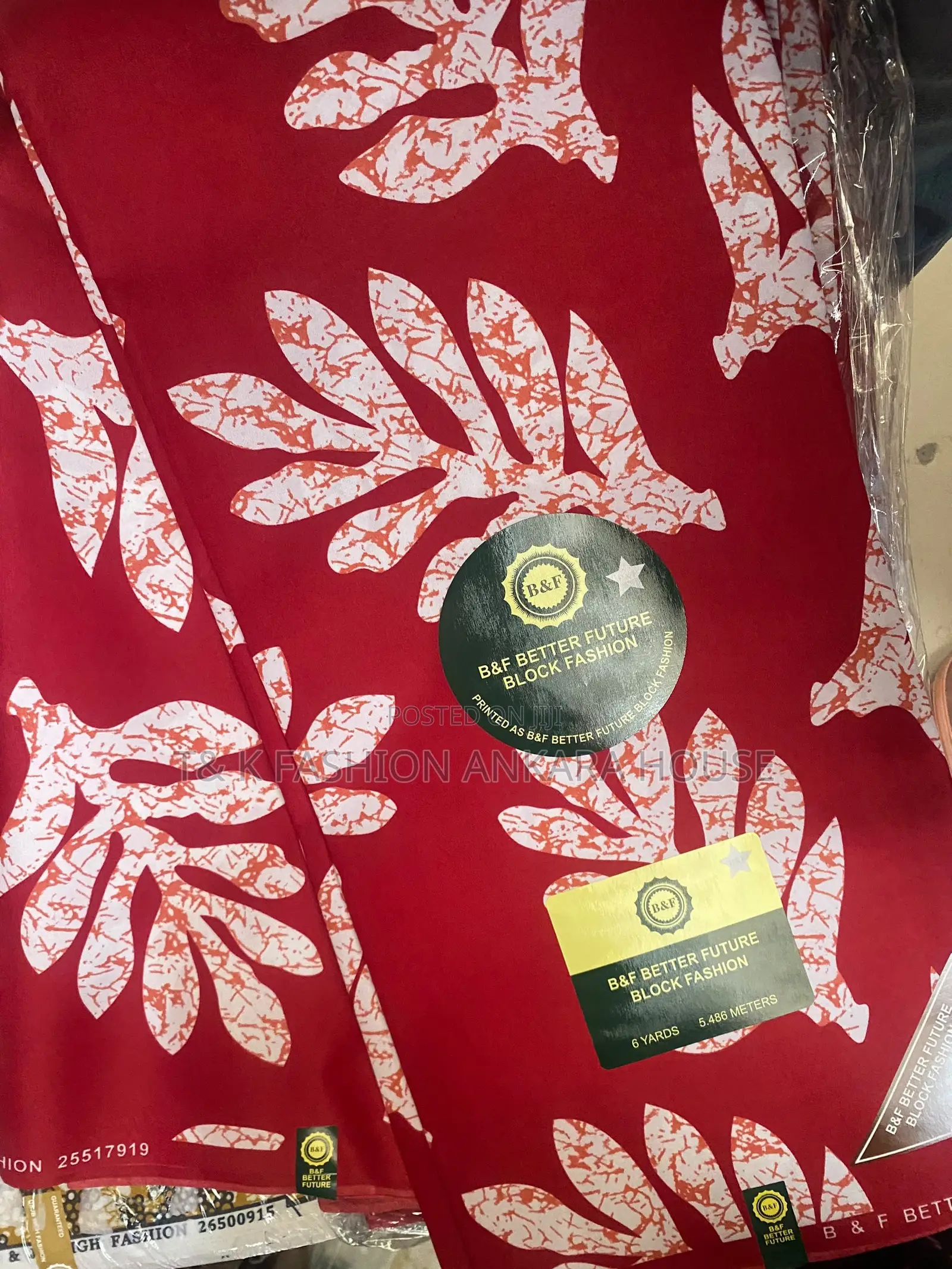 F Better Future Block Fashion Ankara, 6 Yards (Red & White Leaf)