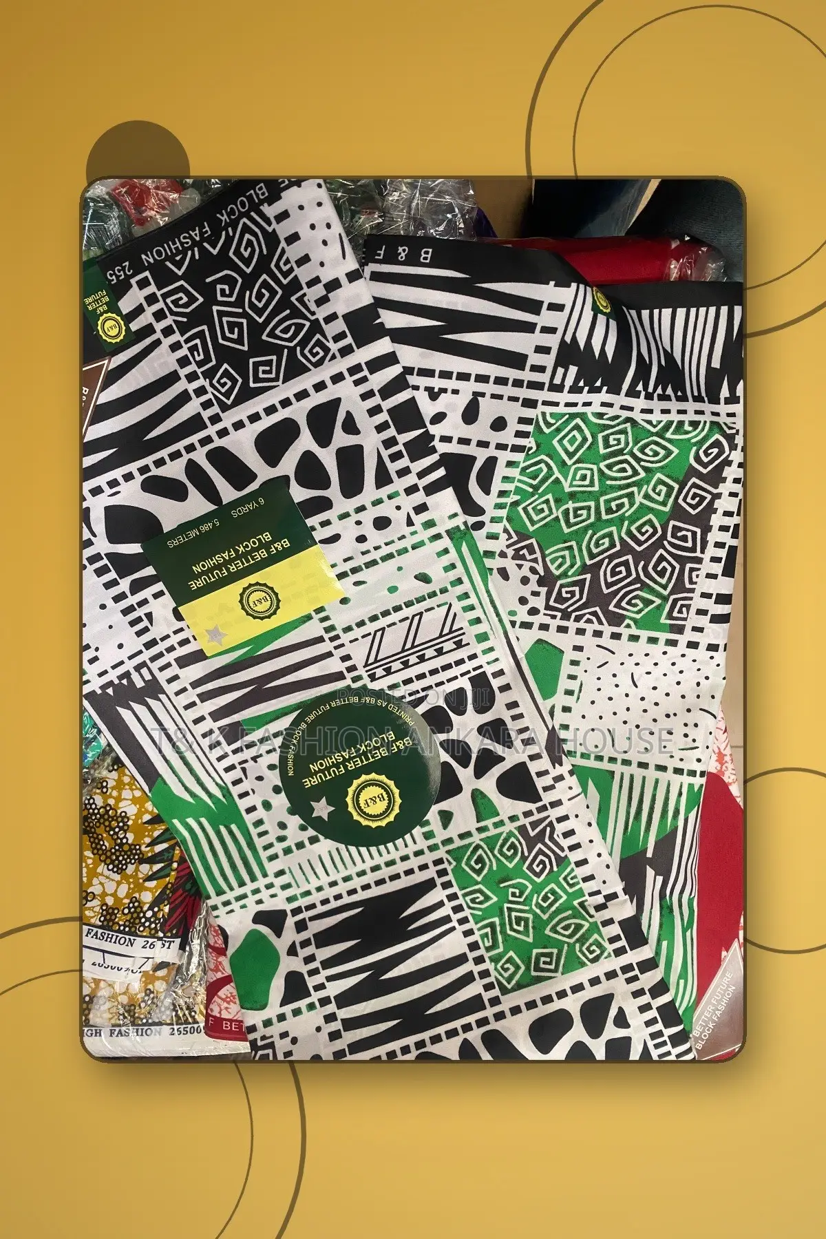 B&F Better Future Block Fashion Ankara, 6 Yards (Black, White & Green)