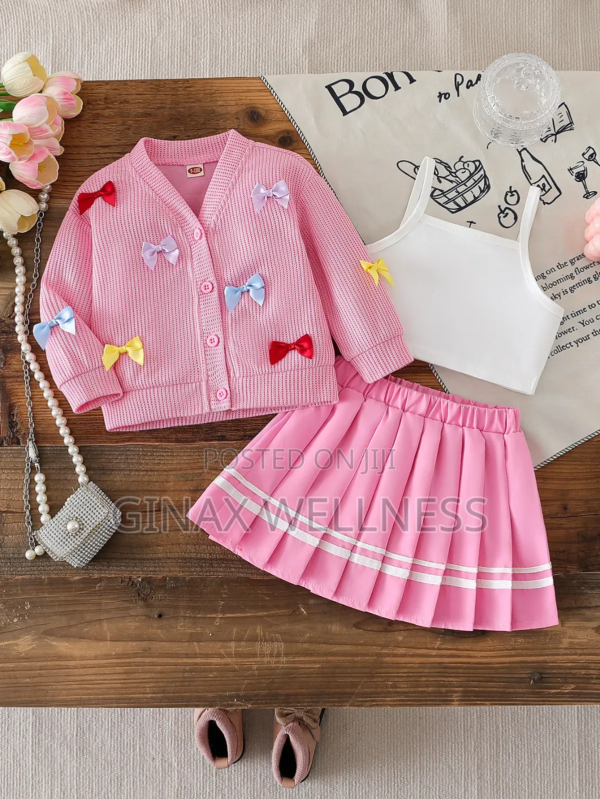 Baby Girls 3-Piece Pleated Skirt, Bow Cardigan & Camisole Outfit Set