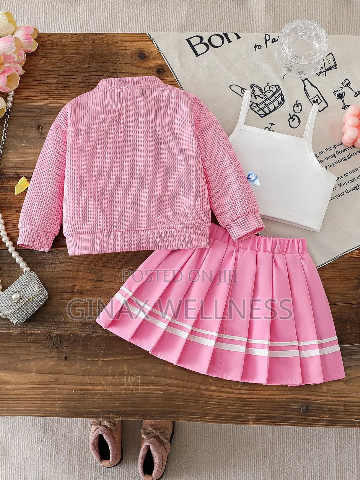 Baby Girls 3-Piece Pleated Skirt, Bow Cardigan & Camisole Outfit Set