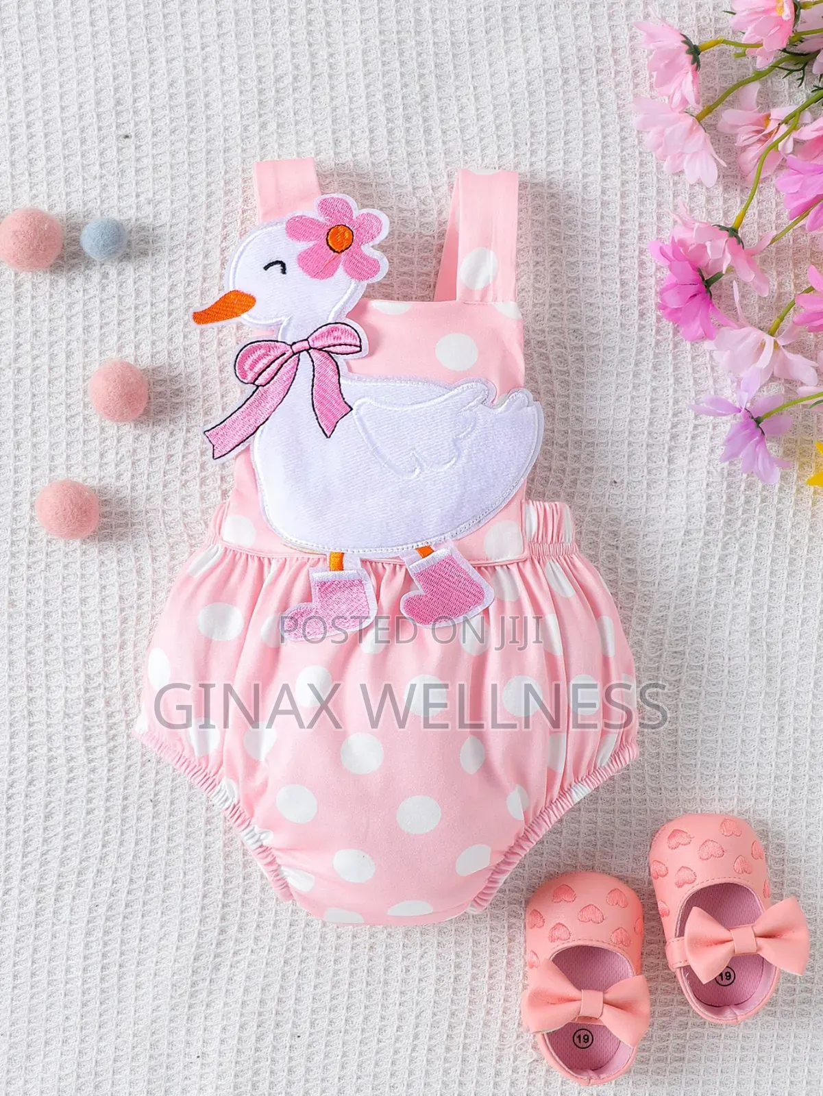 Baby Girls Pink Polka Dot Romper With Duck Design