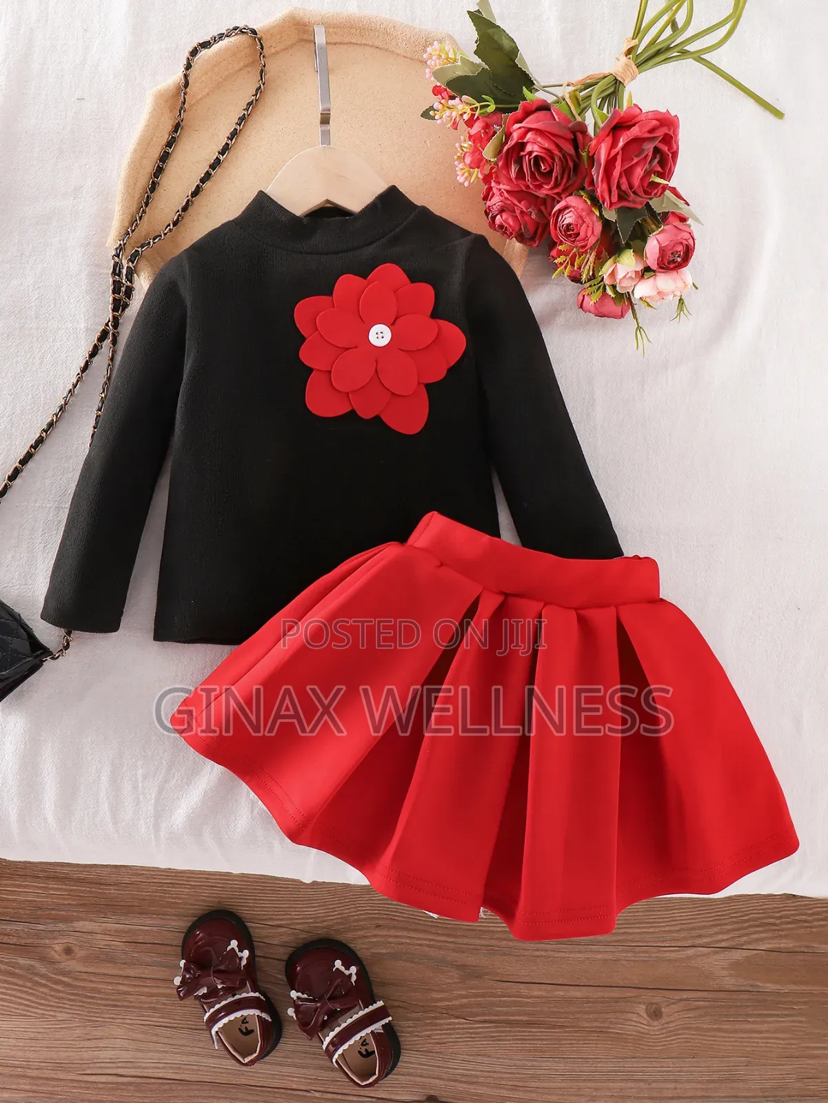 Baby Girls 2-Piece Black Long Sleeve Top and Red Flare Skirt Outfit