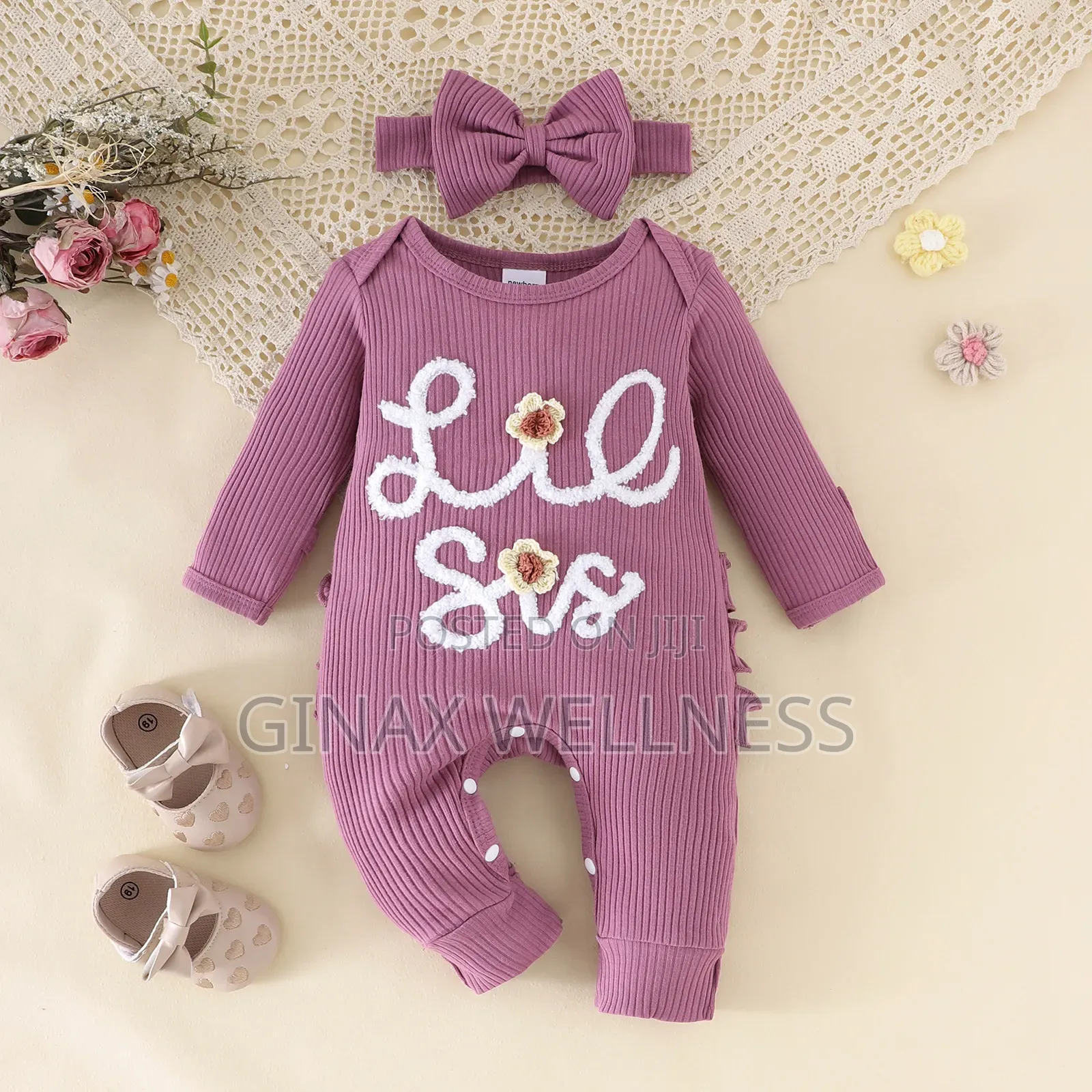 Newborn Baby Girl Ribbed Long Sleeve Romper With Matching Bow Headband