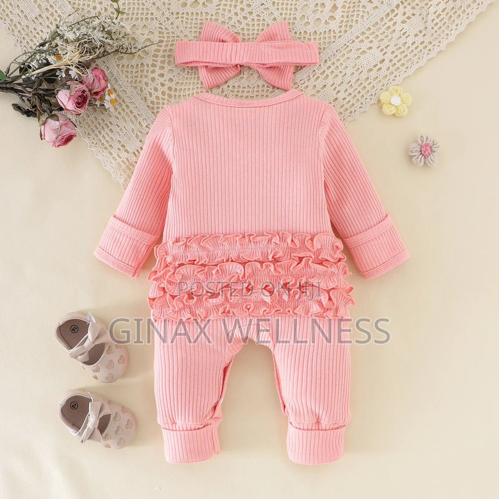 Newborn Baby Girl Ribbed Long Sleeve Romper With Matching Bow Headband
