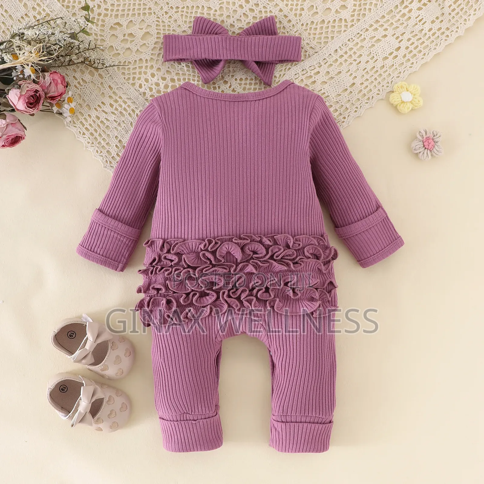 Newborn Baby Girl Ribbed Long Sleeve Romper With Matching Bow Headband