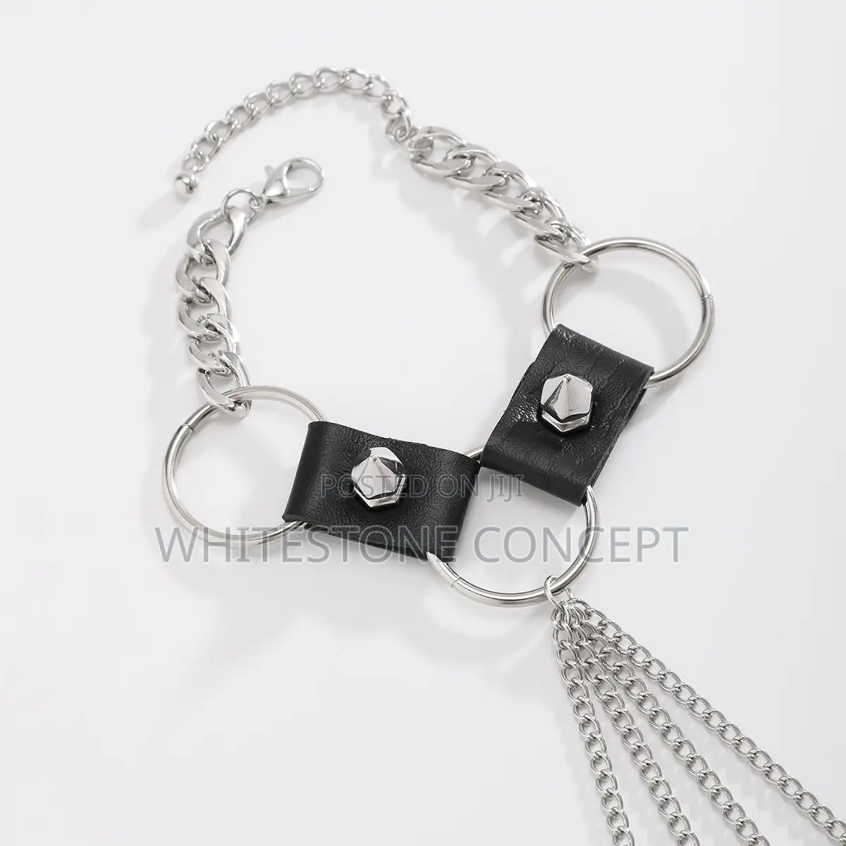 Kunjoe Gothic Rivet Black PU Leather Bracelet With Funger Rings