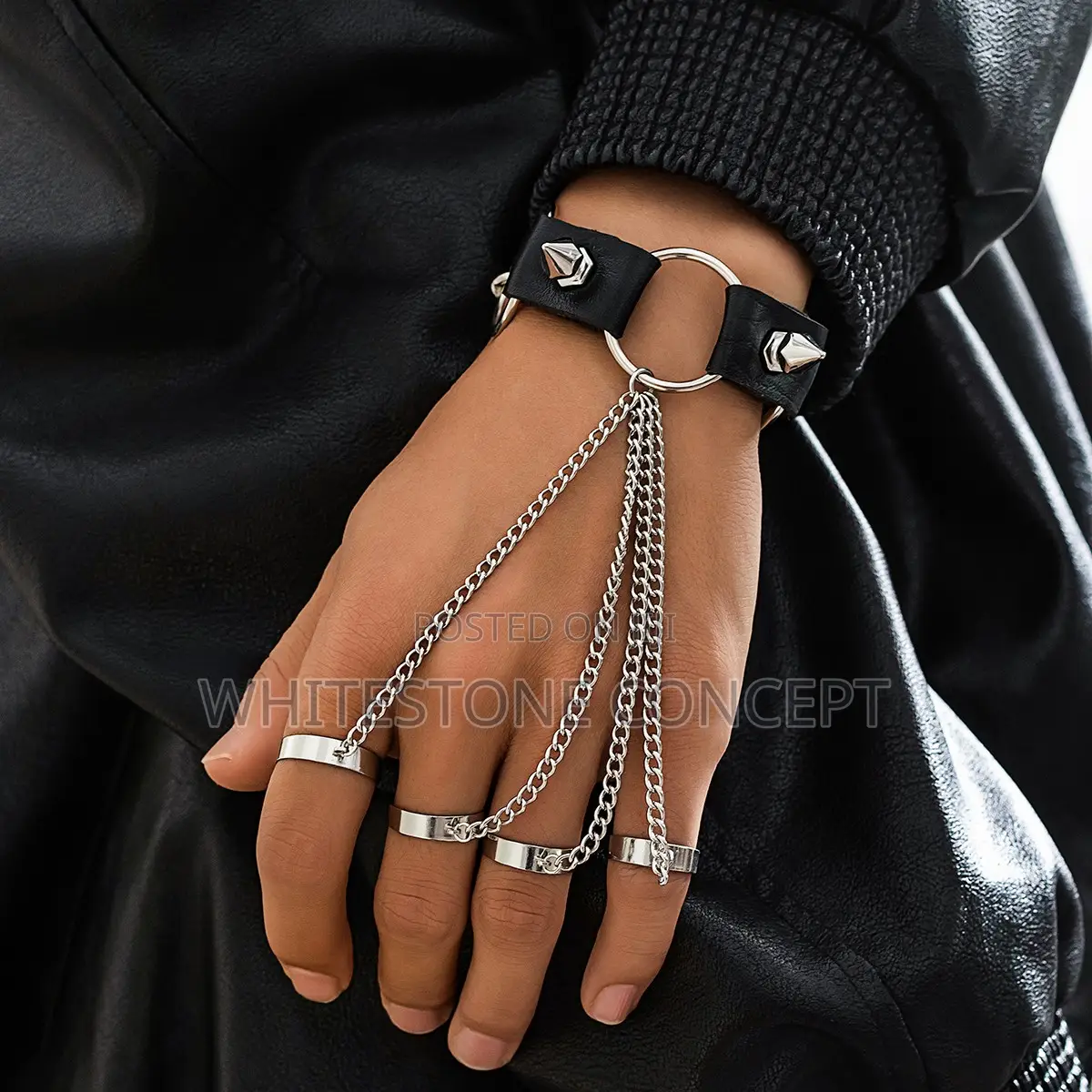Kunjoe Gothic Rivet Black PU Leather Bracelet With Funger Rings