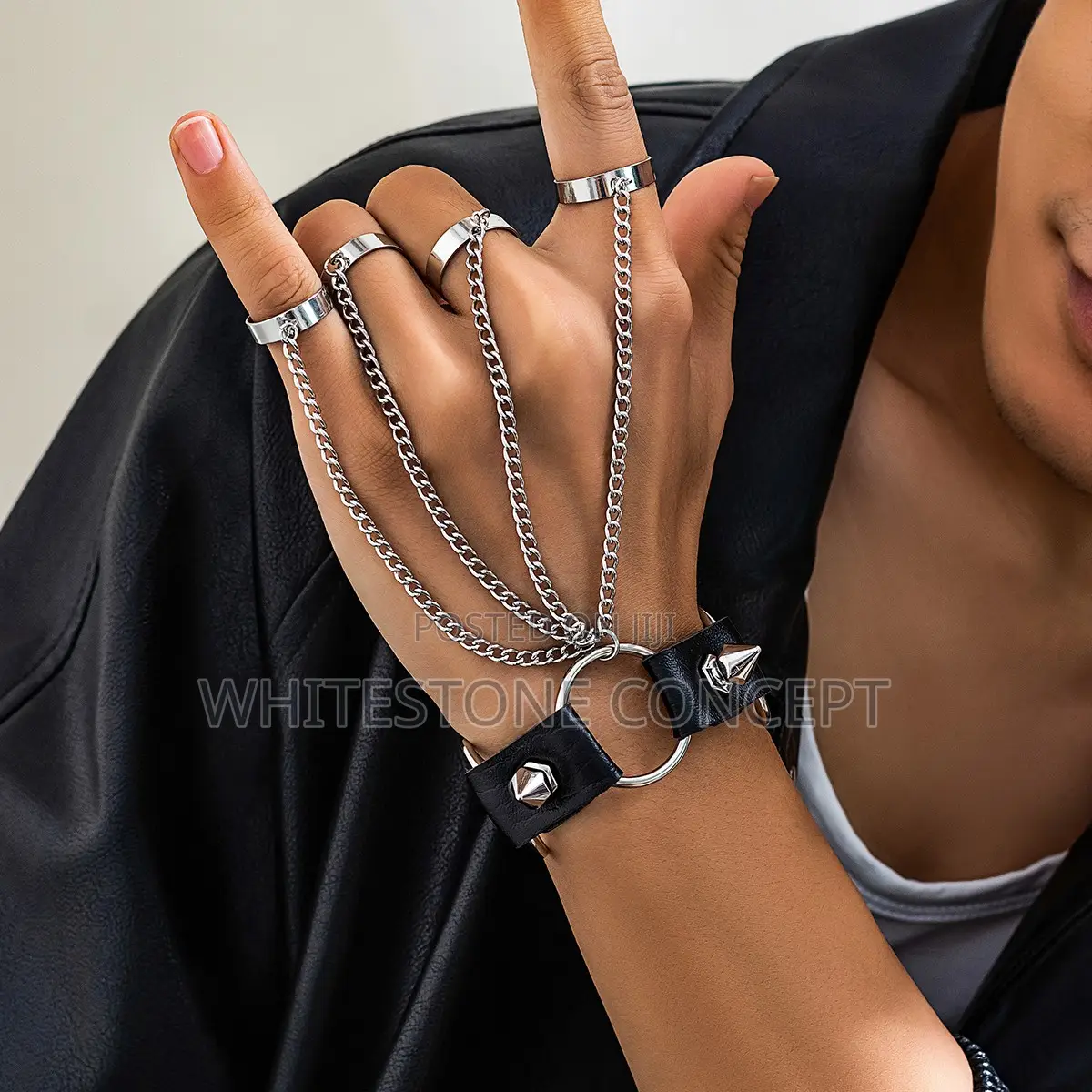 Kunjoe Gothic Rivet Black PU Leather Bracelet With Funger Rings