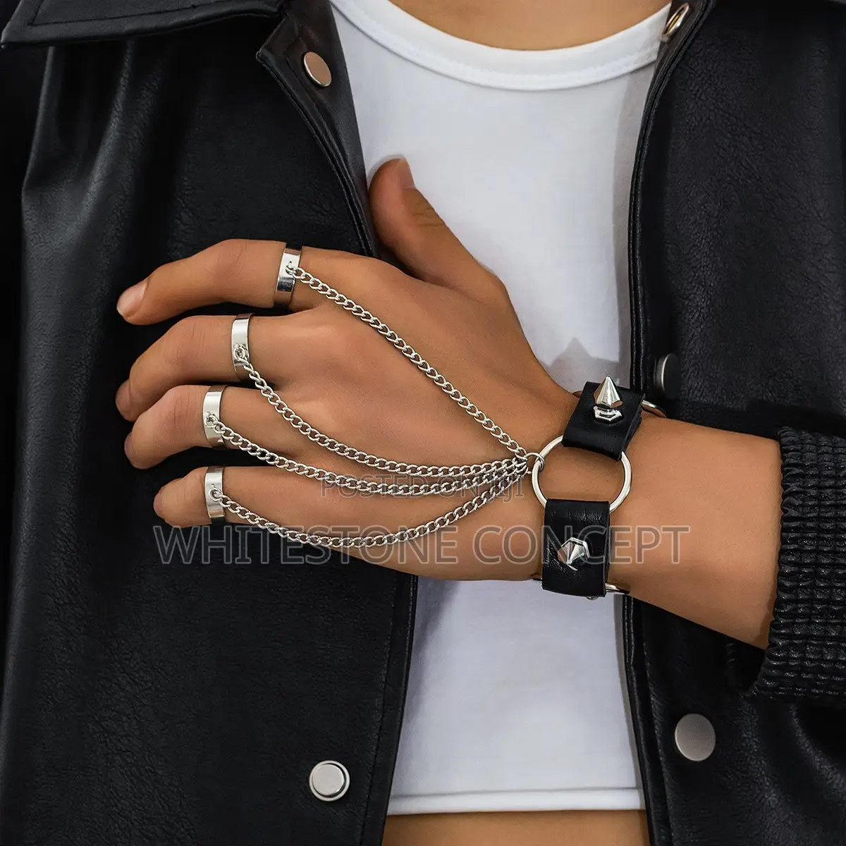 Kunjoe Gothic Rivet Black PU Leather Bracelet With Funger Rings