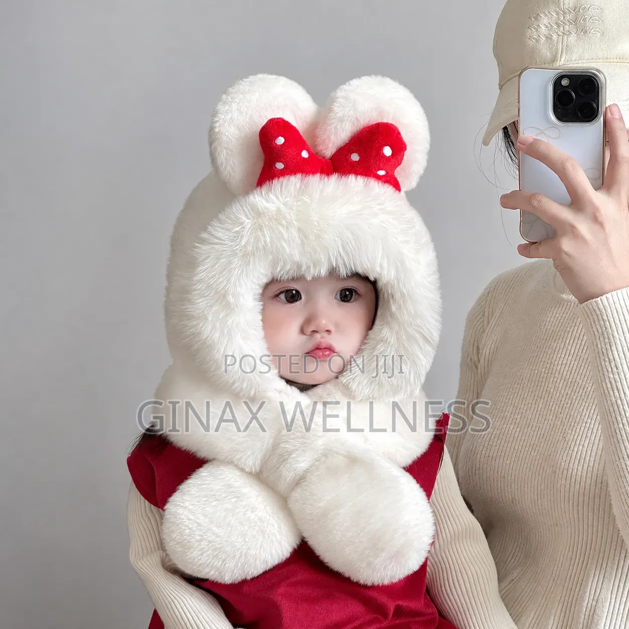 Baby Girls Fluffy Fur Hooded Hat With Scarf – Warm Winter Cap