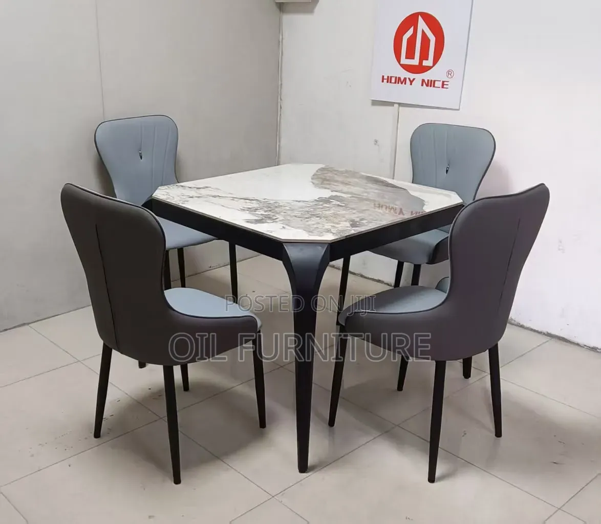 ​Homy Nice Luxury Marble Top Dining Table Set (4 Grey Leather Chairs)
