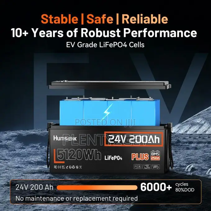 HumsiENK 24V 200Ah Plus LiFePO4 Lithium Battery, Upgraded 250A BMS