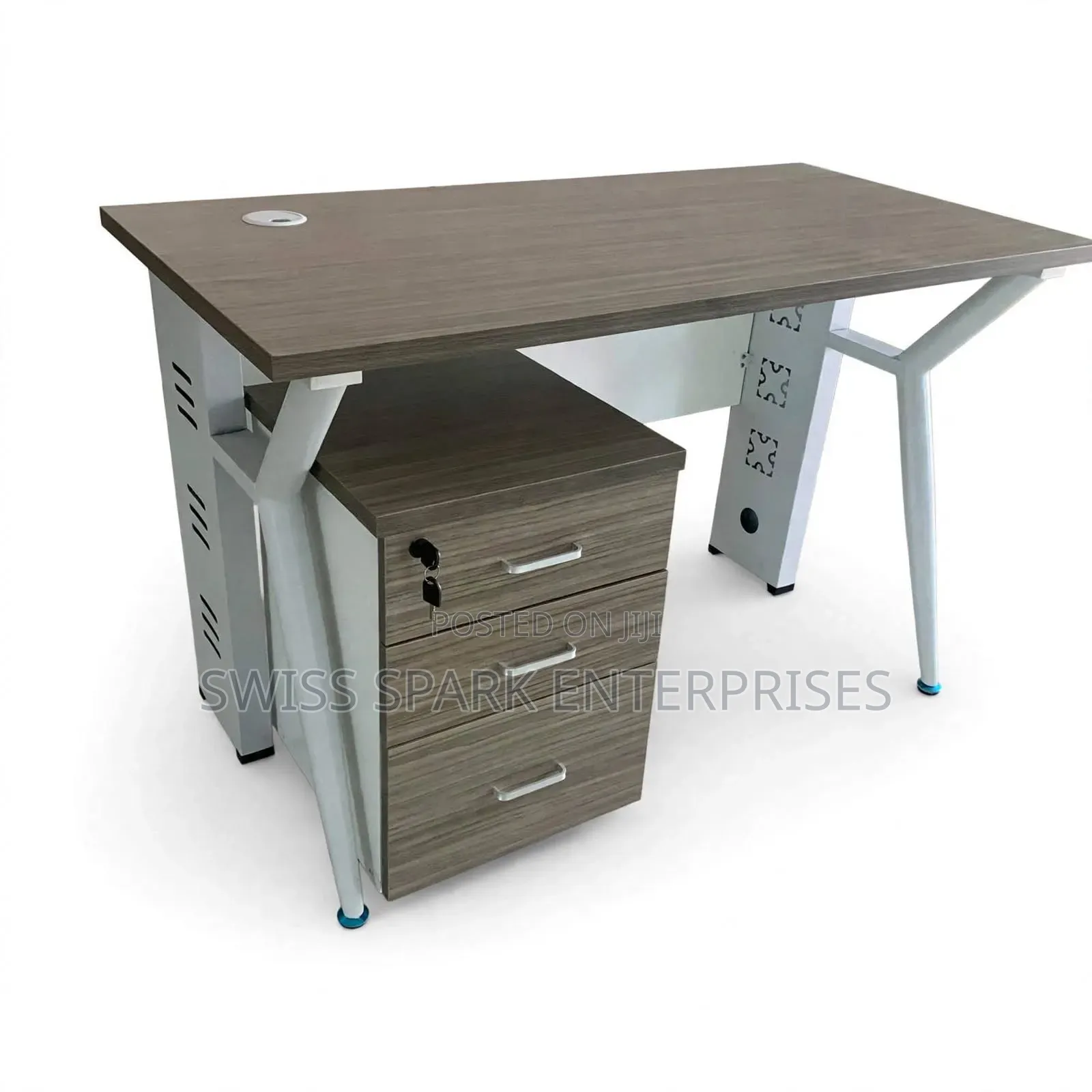 Modern Office Table With 3Drawer Cabinet 4ft Work Desk With Cable Hole