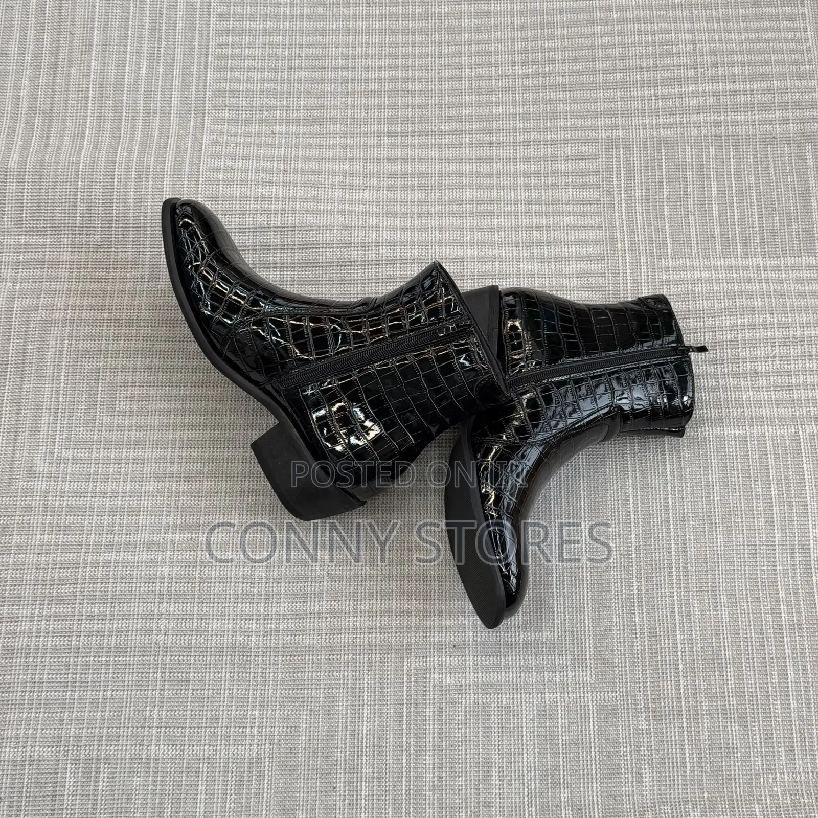 High Quality Black Heeled Croc-Embossed Side-Zip Boot “Black”