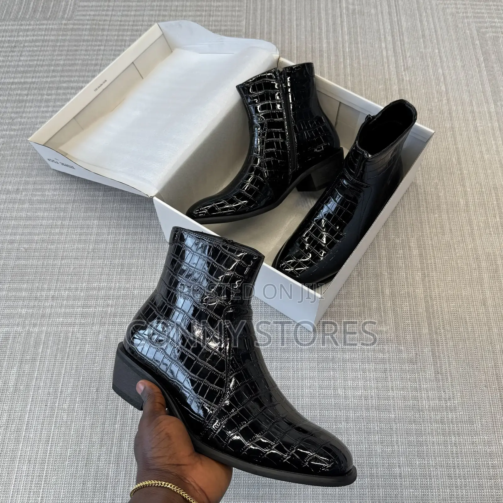 High Quality Black Heeled Croc-Embossed Side-Zip Boot “Black”