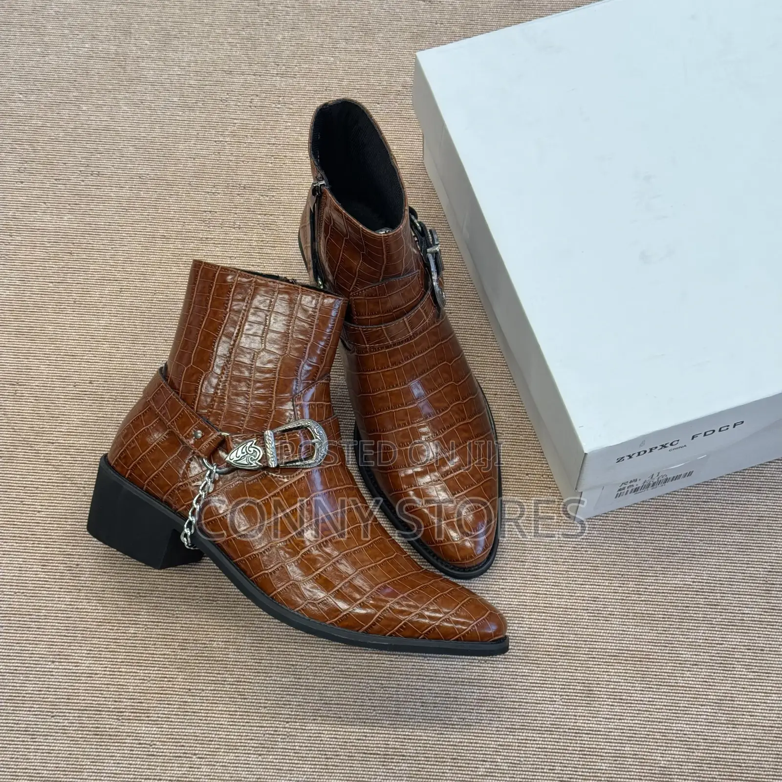 Croc-Embossed Chain and Buckle Harness Ankle Boot “Brown”