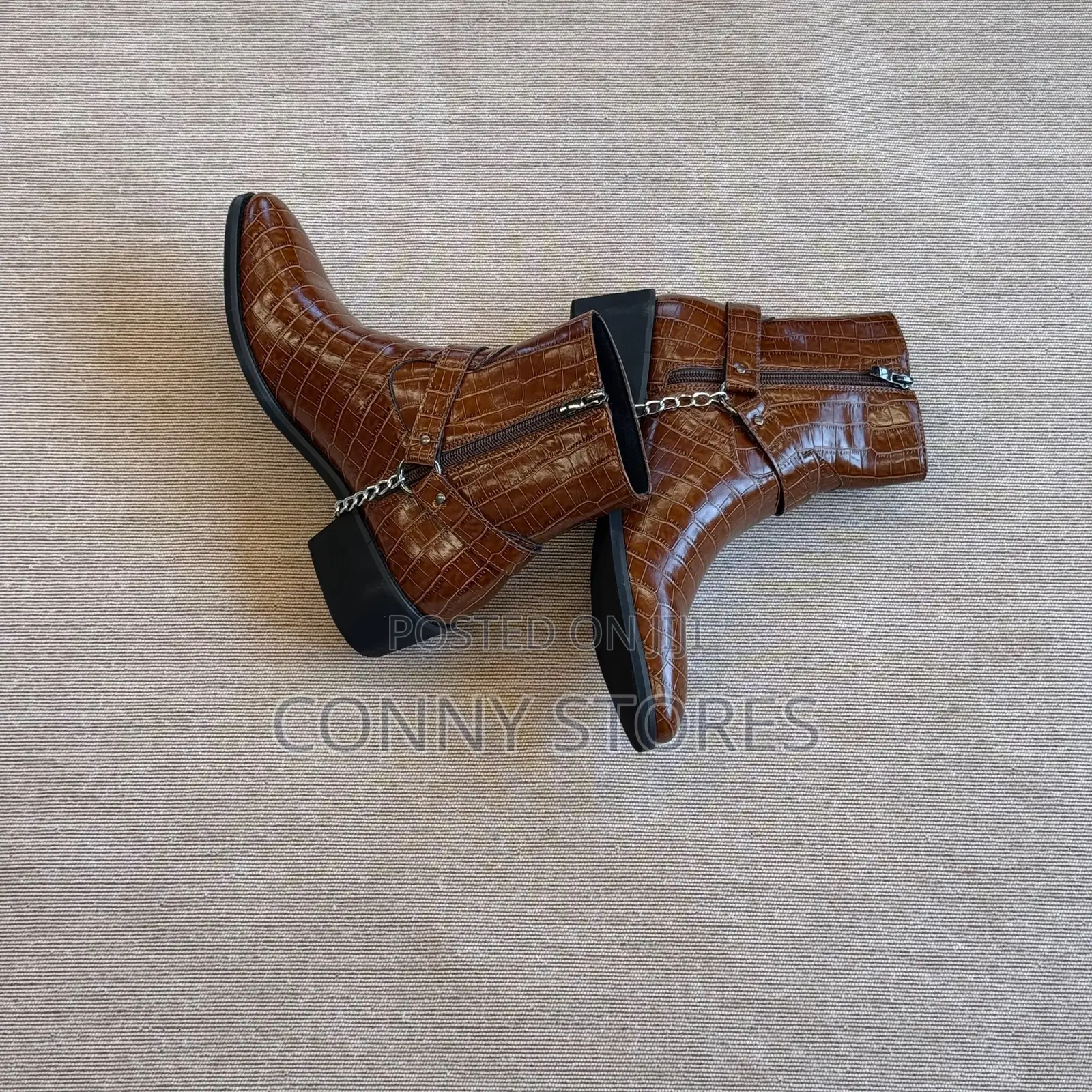 Croc-Embossed Chain and Buckle Harness Ankle Boot “Brown”