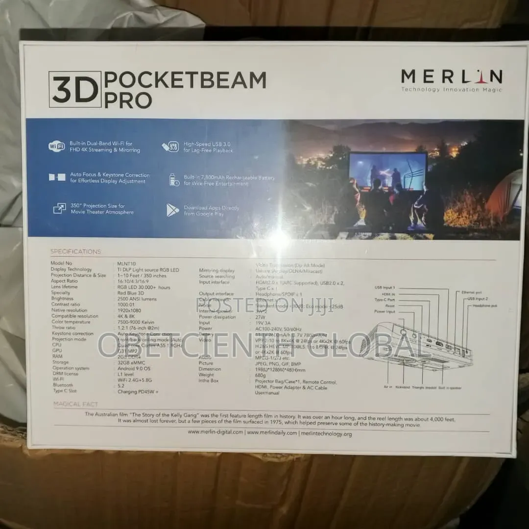 Merlin 3D PocketBeam Pro 2500lumens Projector 7800mah Built-in Battery