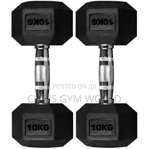 Set of Black Rubber-Coated Hexagon Dumbbell With Knurled Chrome Handle