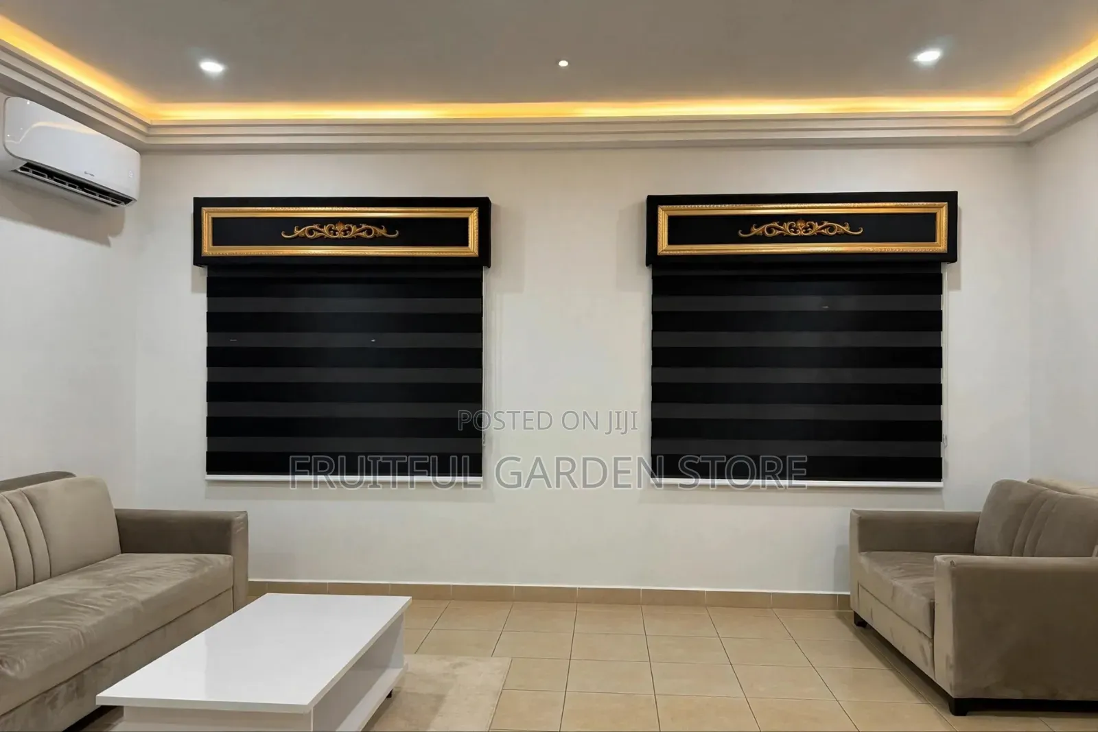 Luxury Plain Black Day & Night Blind With Gold Pelmet Board