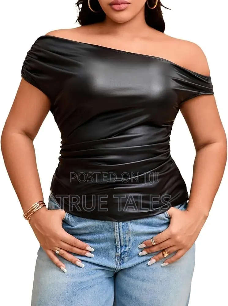 Women's Leather Body Con Ruched Off Shoulder Top Sizes 6,8,10