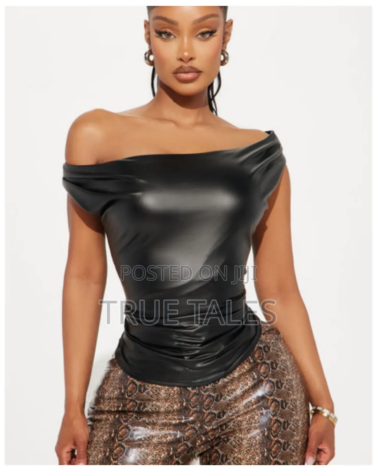Women's Leather Body Con Ruched Off Shoulder Top Sizes 6,8,10