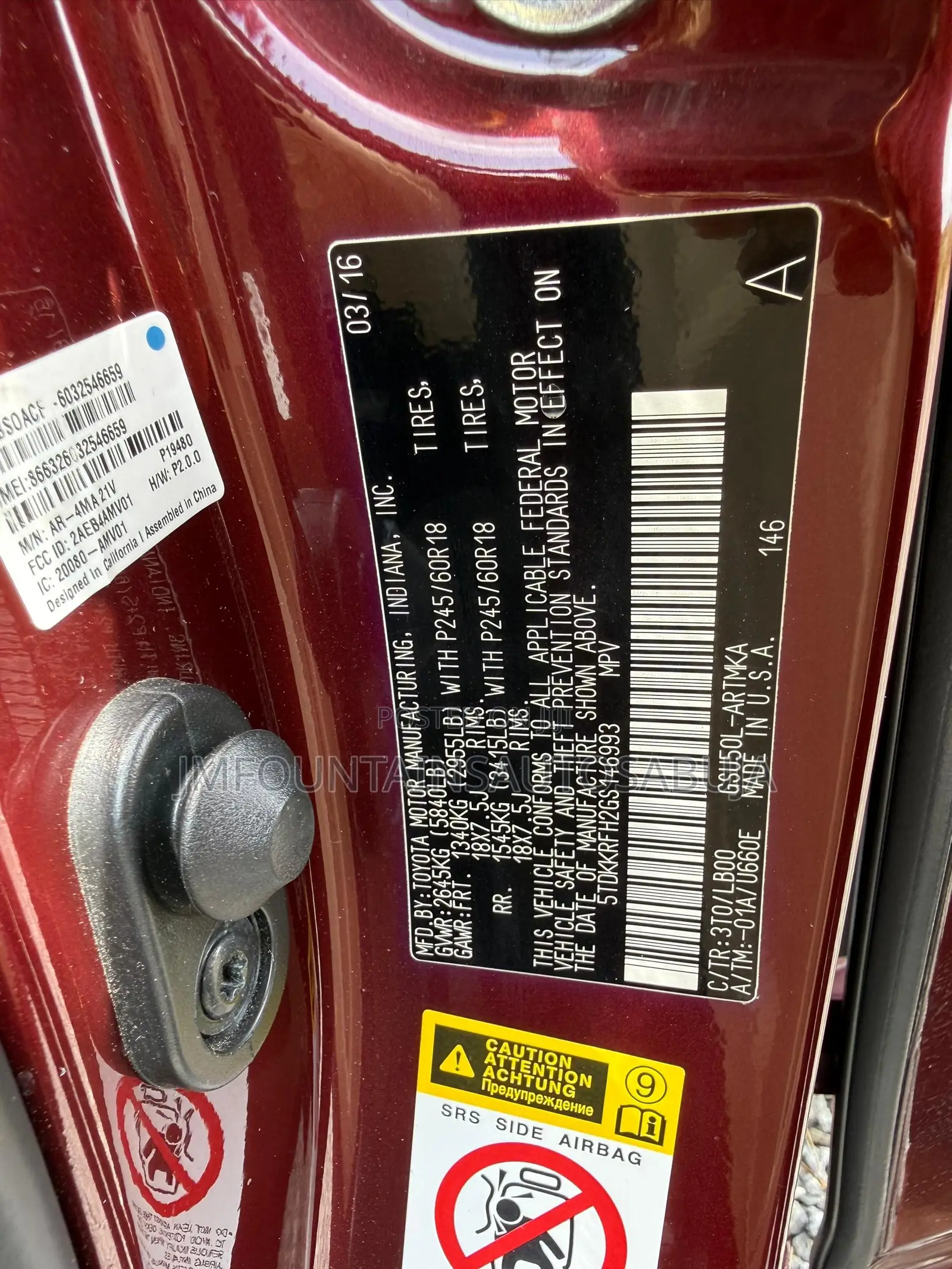 Toyota Highlander XLE V6 4x4 (3.5L 6cyl 6A) 2016 Burgundy
