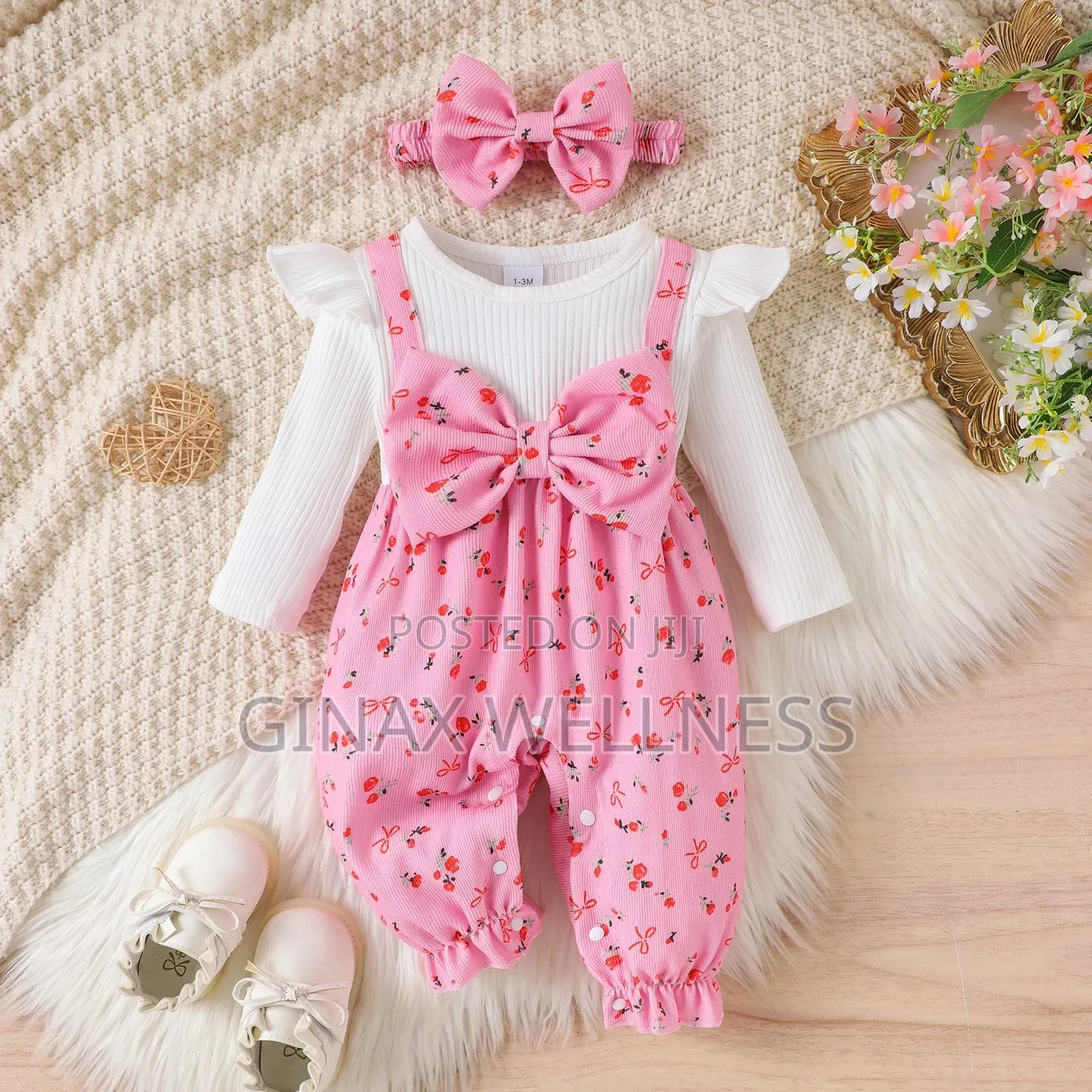 Baby Girls Romper Jumpsuit With Long Sleeves and Headband (1-9 Months)
