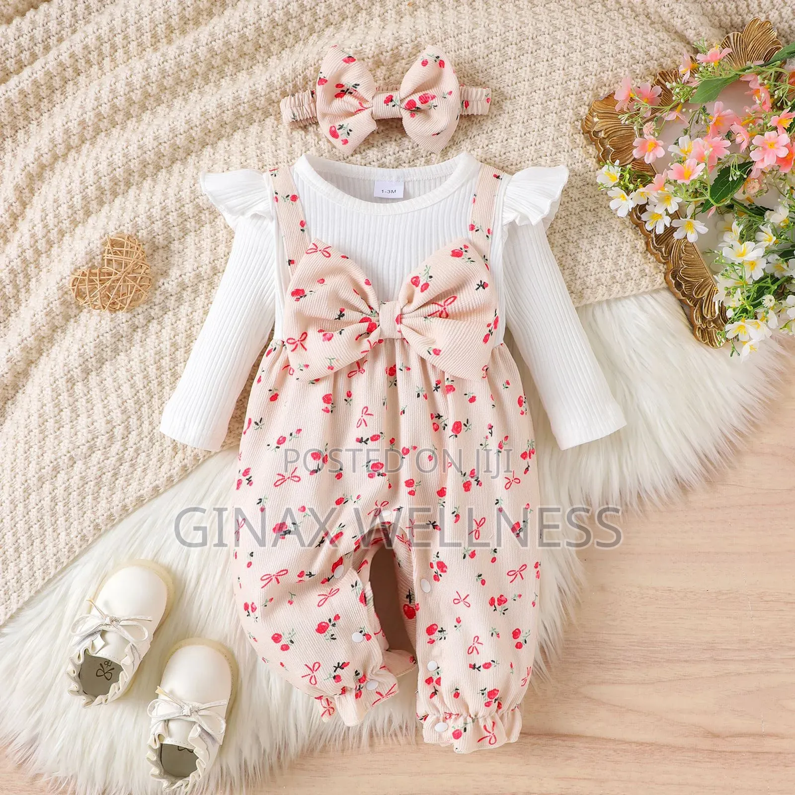 Baby Girls Romper Jumpsuit With Long Sleeves and Headband (1-9 Months)