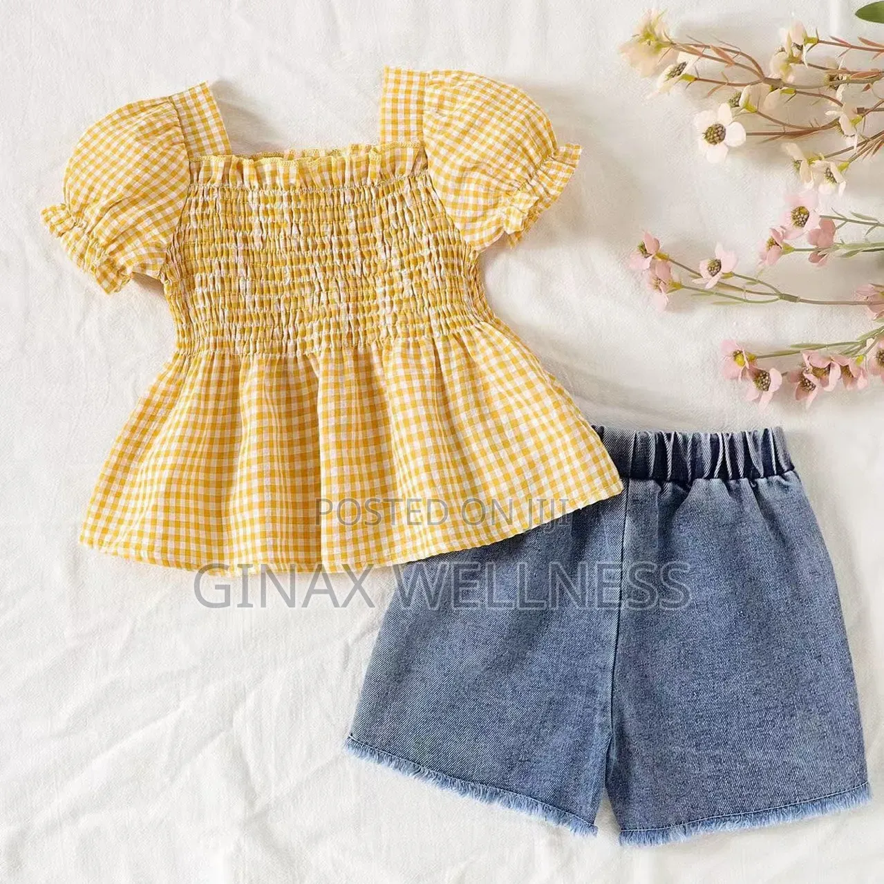 Baby Girls 2-Piece Checkered Top and Denim Shorts Set (6–12 Months)