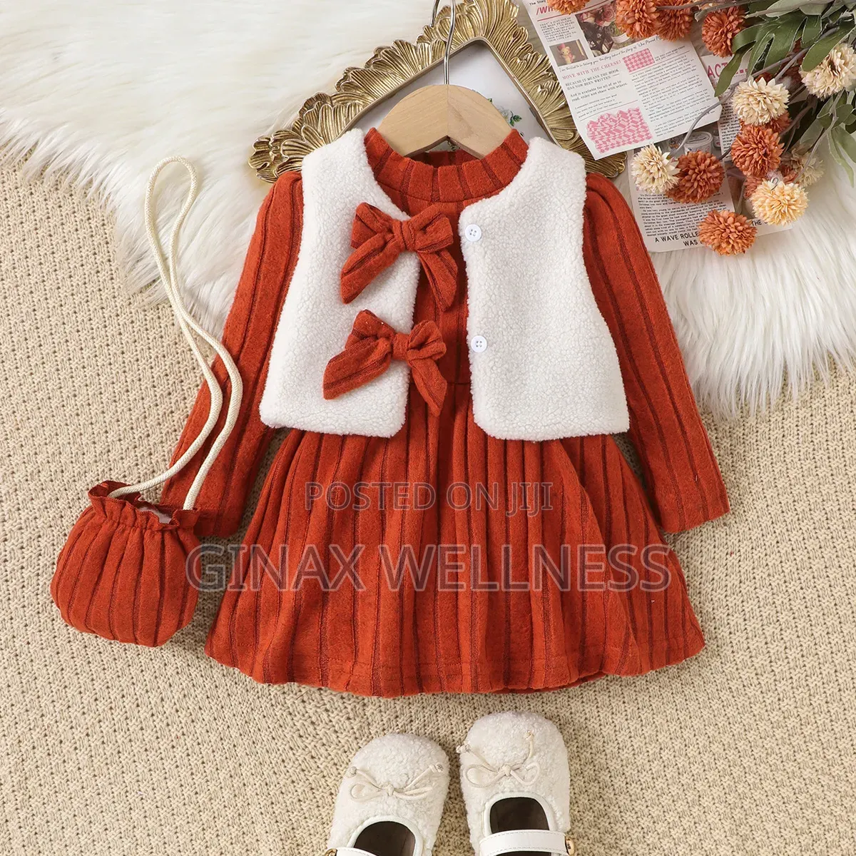 3-Piece Baby Girls Long Sleeve Dress With Fluffy Vest and Matching Bag