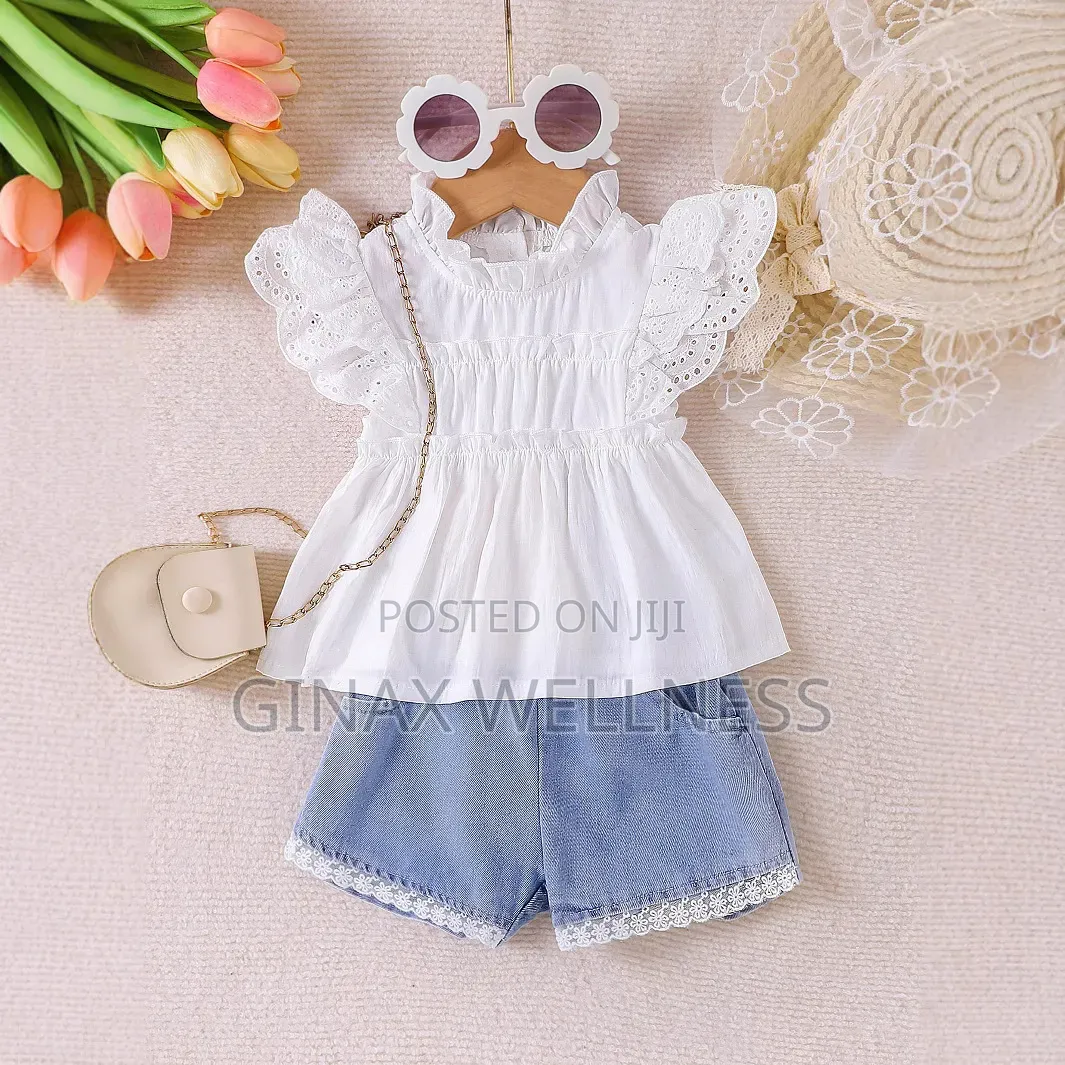 Baby Girls' 2-Piece White Ruffle Top and Blue Denim Shorts Set (6-12m)