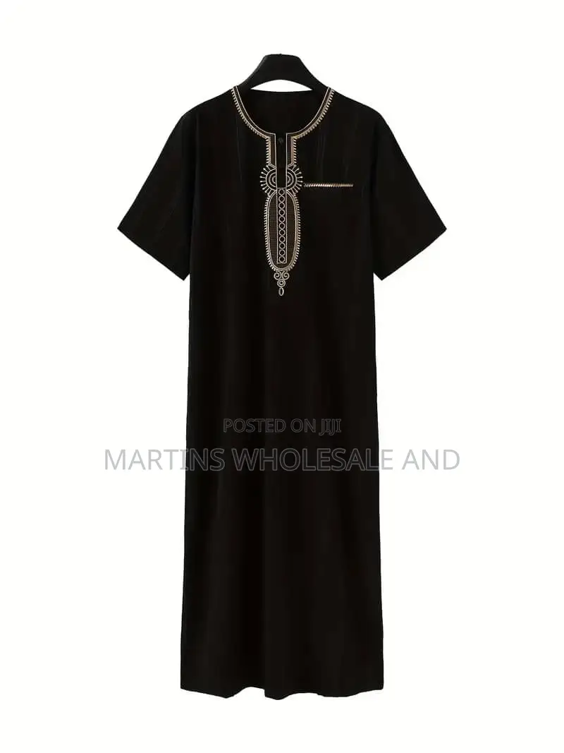 Men's Black Moroccan Jalabiya or Embroidered Thobe Featuring Gold-Tone