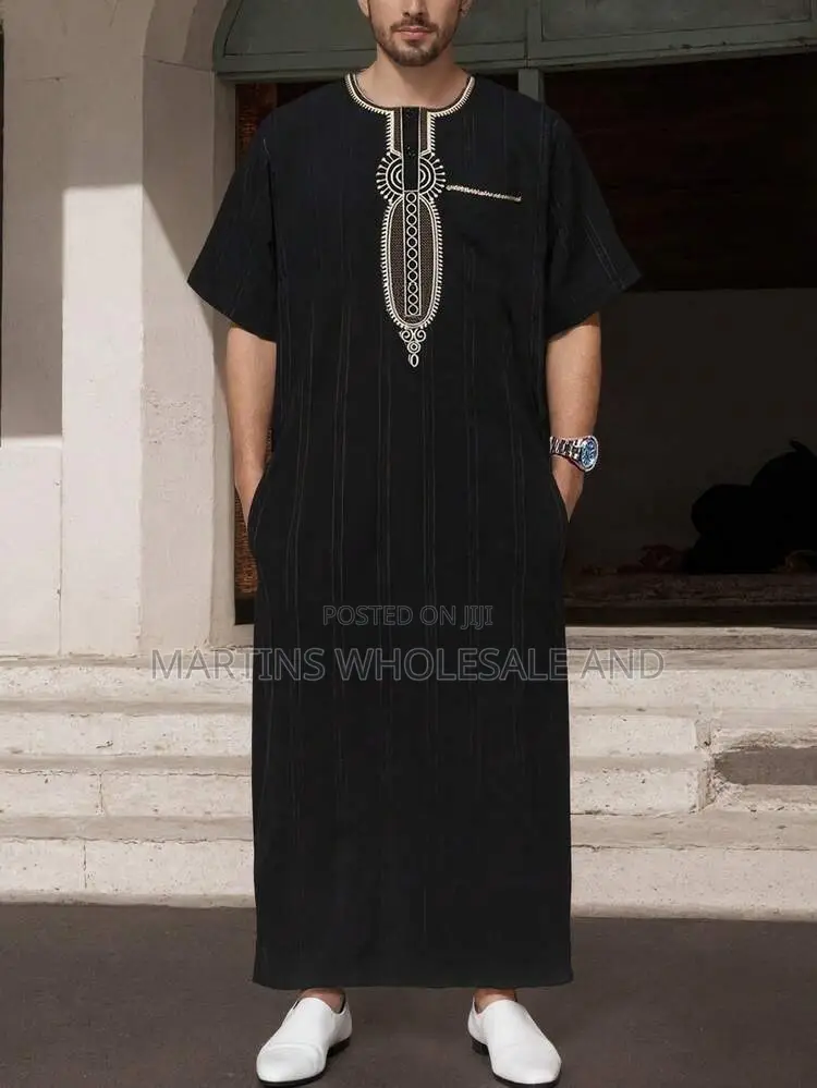 Men's Black Moroccan Jalabiya or Embroidered Thobe Featuring Gold-Tone