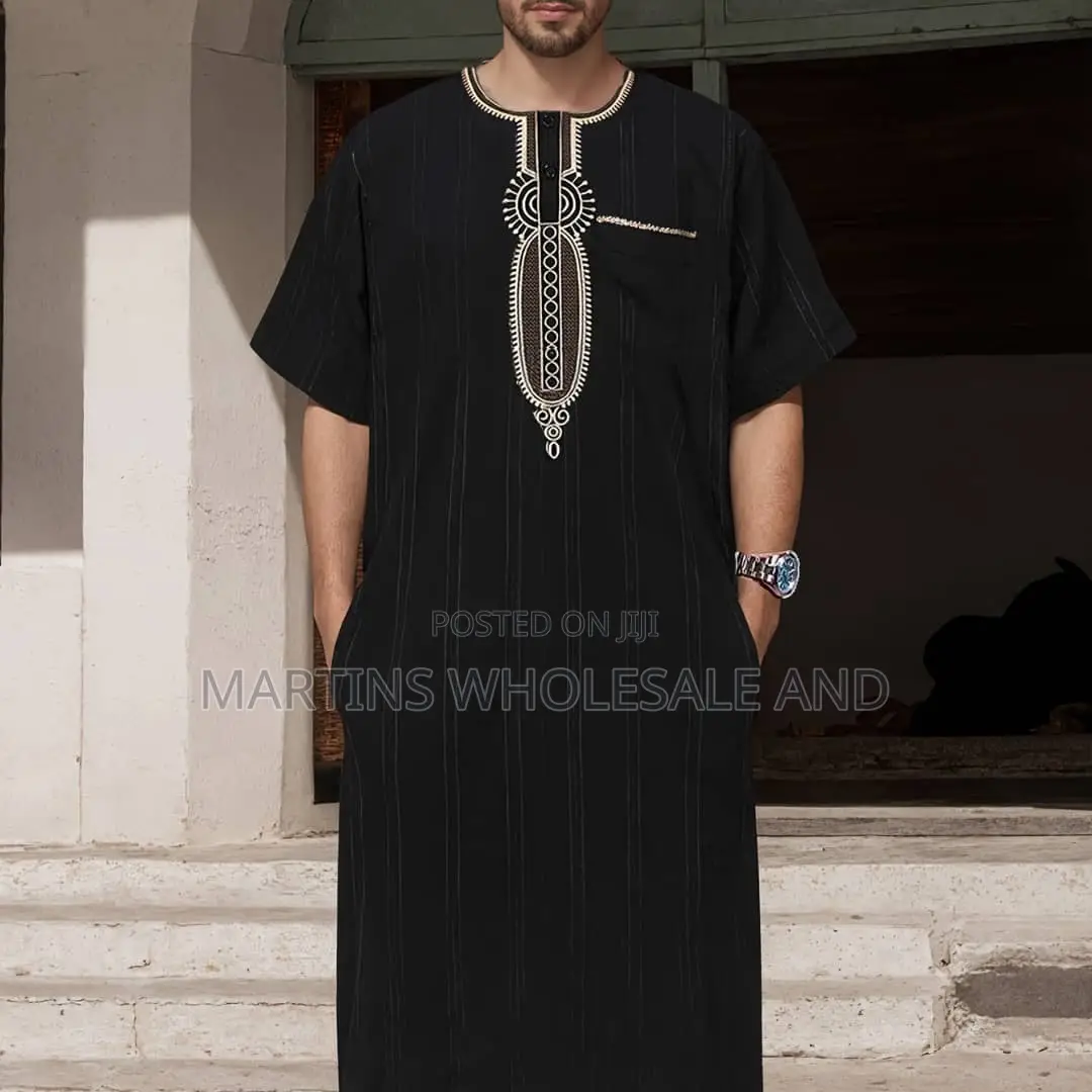 Men's Black Moroccan Jalabiya or Embroidered Thobe Featuring Gold-Tone