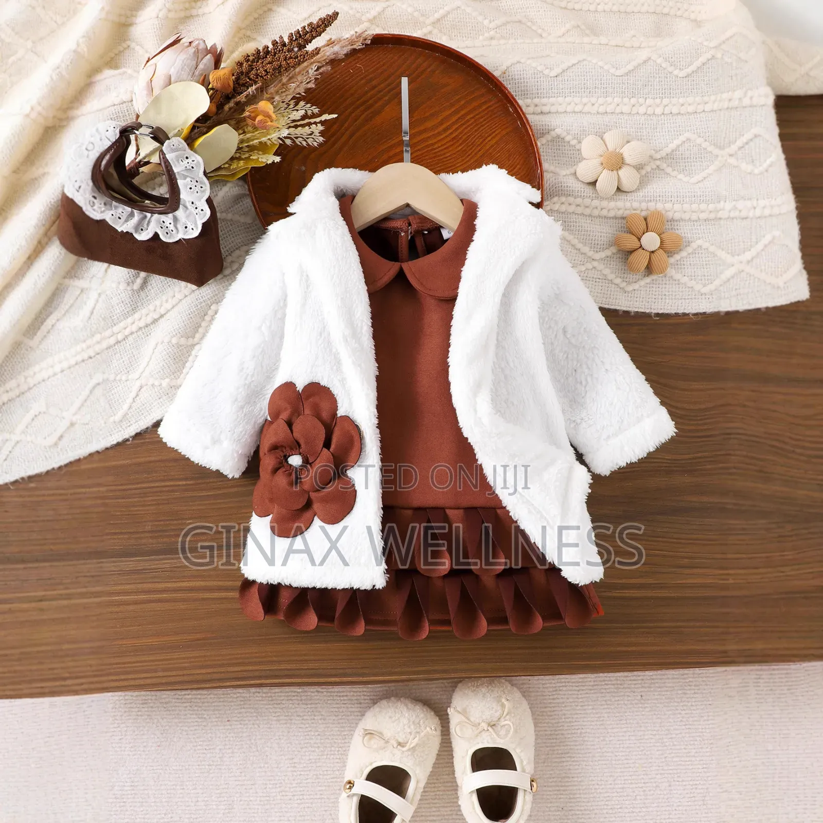 Baby Girls 2-Piece Brown Dress and White Fluffy Jacket Set (6-12m)