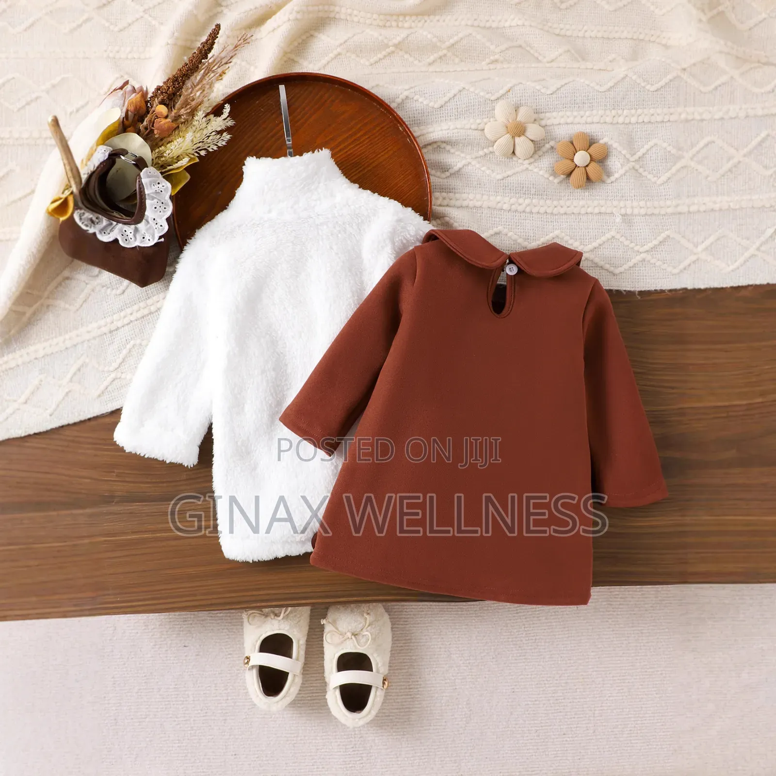 Baby Girls 2-Piece Brown Dress and White Fluffy Jacket Set (6-12m)