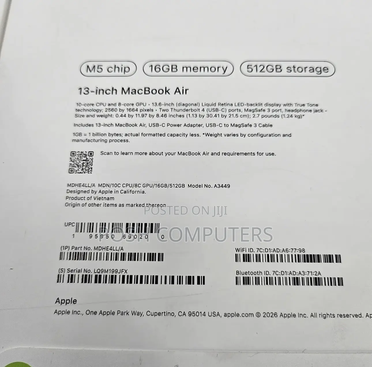 New Laptop Apple MacBook Air 2026 M5 16GB Apple M5 SSD 512GB