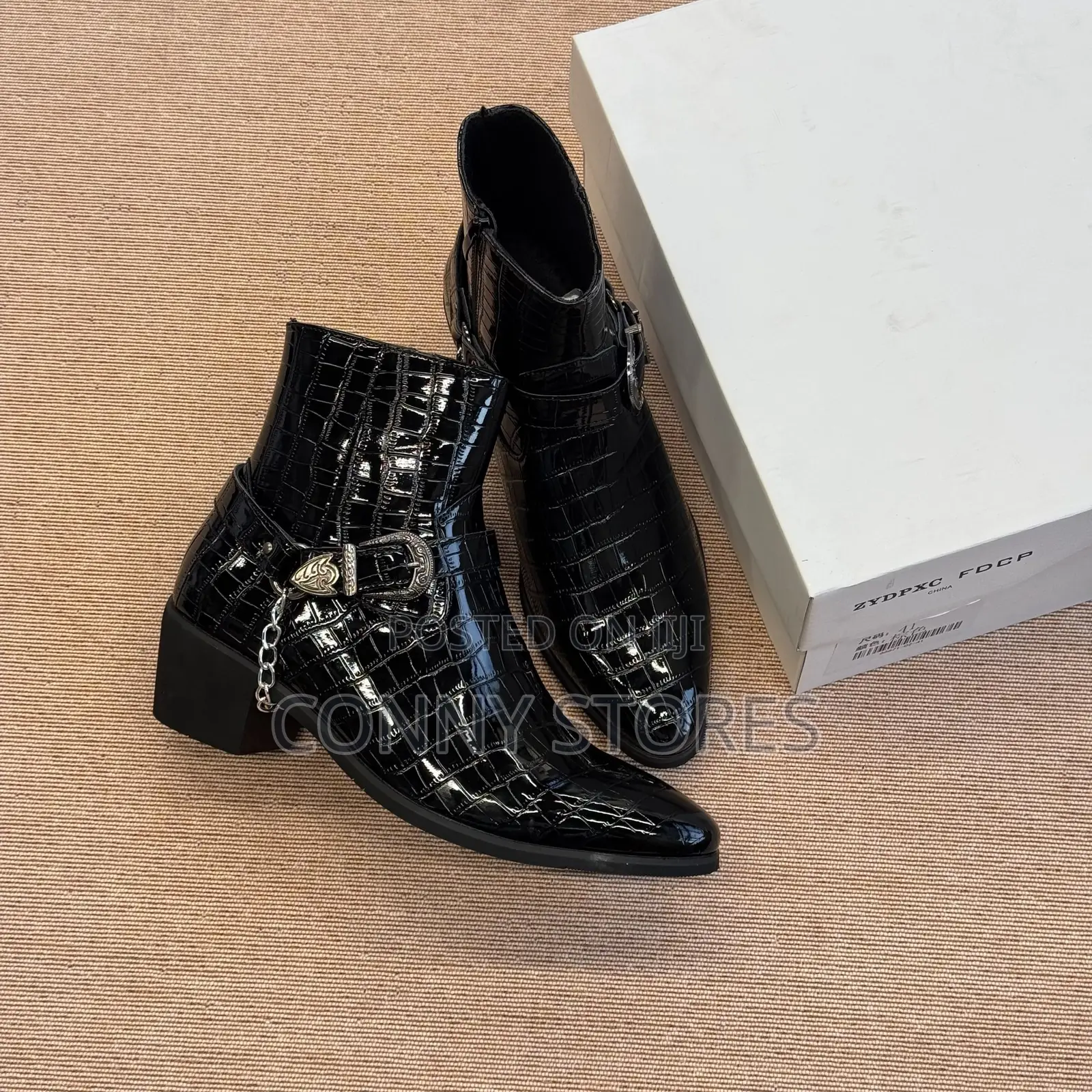 Croc-Embossed Chain and Buckle Harness Ankle Boot “Black”