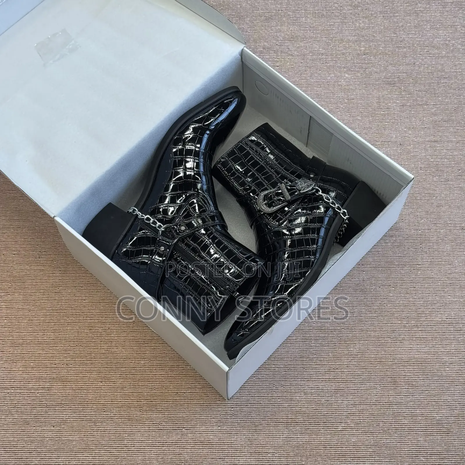 Croc-Embossed Chain and Buckle Harness Ankle Boot “Black”