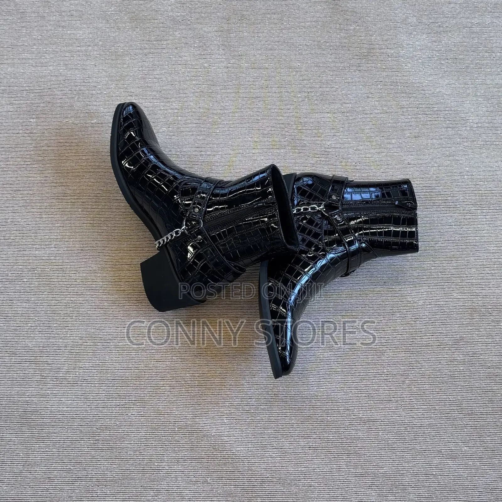 Croc-Embossed Chain and Buckle Harness Ankle Boot “Black”