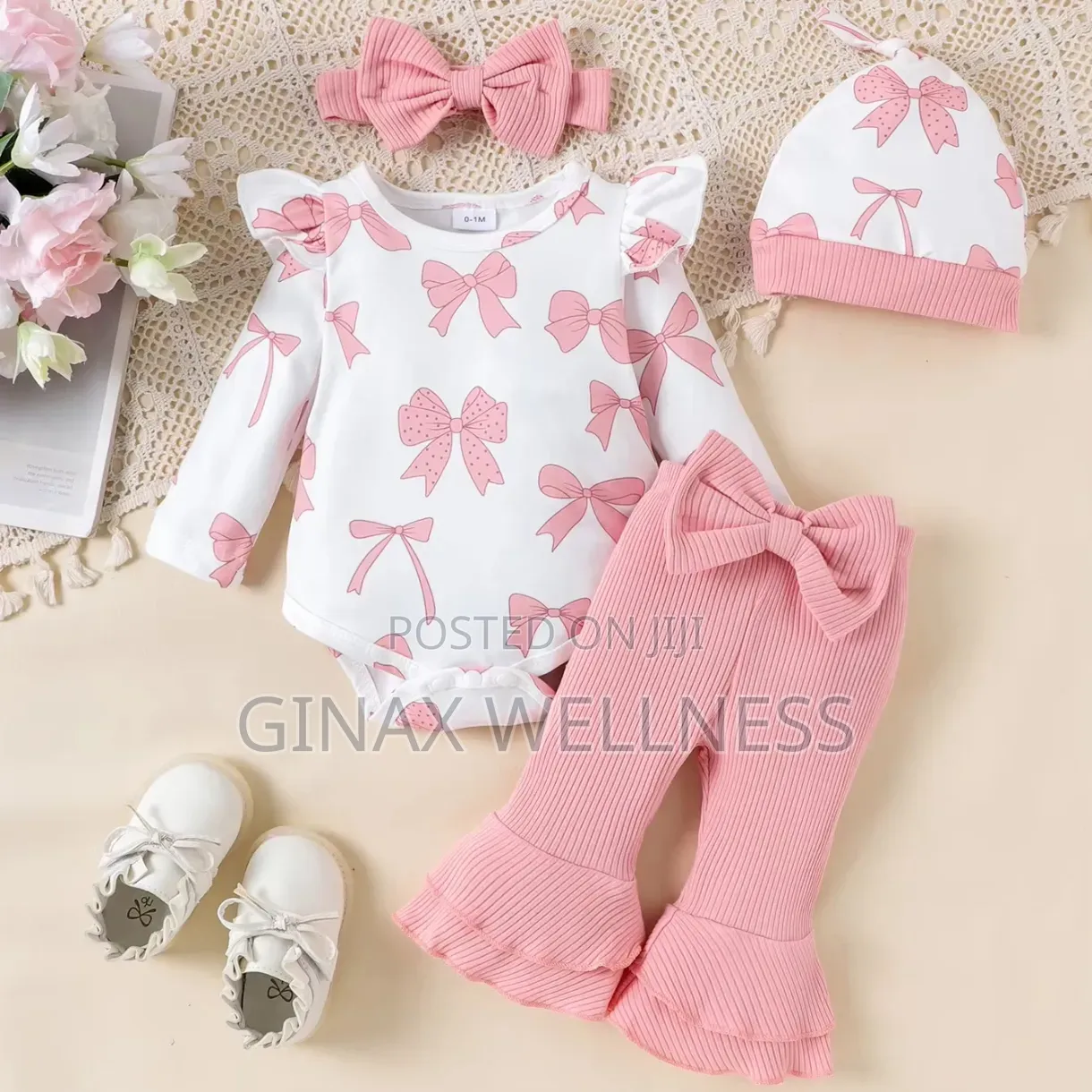 Baby Girl 4-Piece Pink Bow Cotton Romper and Flared Trouser Set (0-6m)