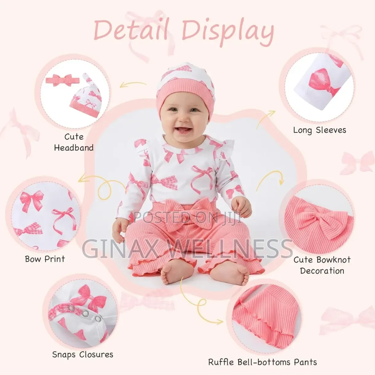 Baby Girl 4-Piece Pink Bow Cotton Romper and Flared Trouser Set (0-6m)