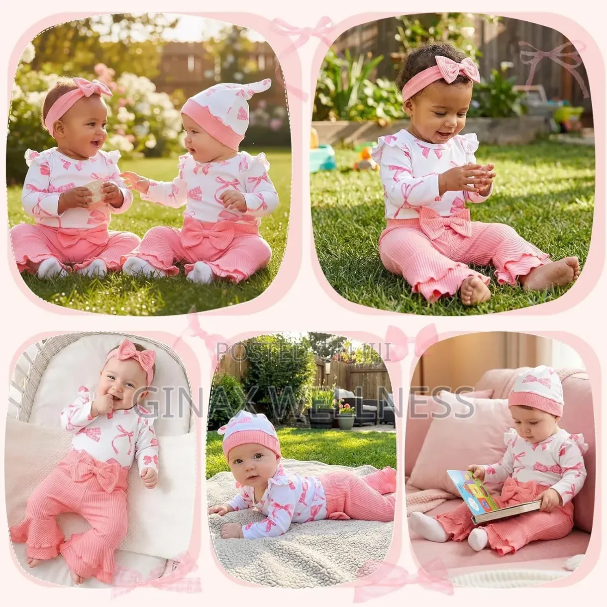 Baby Girl 4-Piece Pink Bow Cotton Romper and Flared Trouser Set (0-6m)