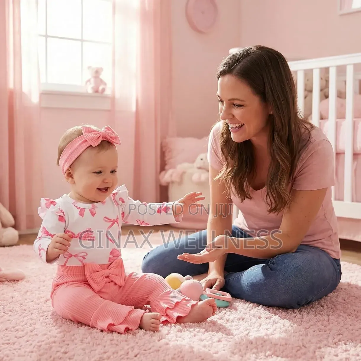 Baby Girl 4-Piece Pink Bow Cotton Romper and Flared Trouser Set (0-6m)