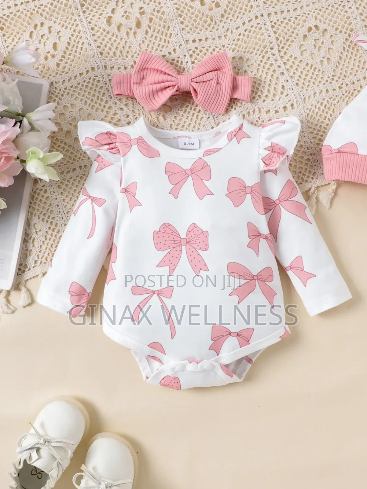 Baby Girl 4-Piece Pink Bow Cotton Romper and Flared Trouser Set (0-6m)