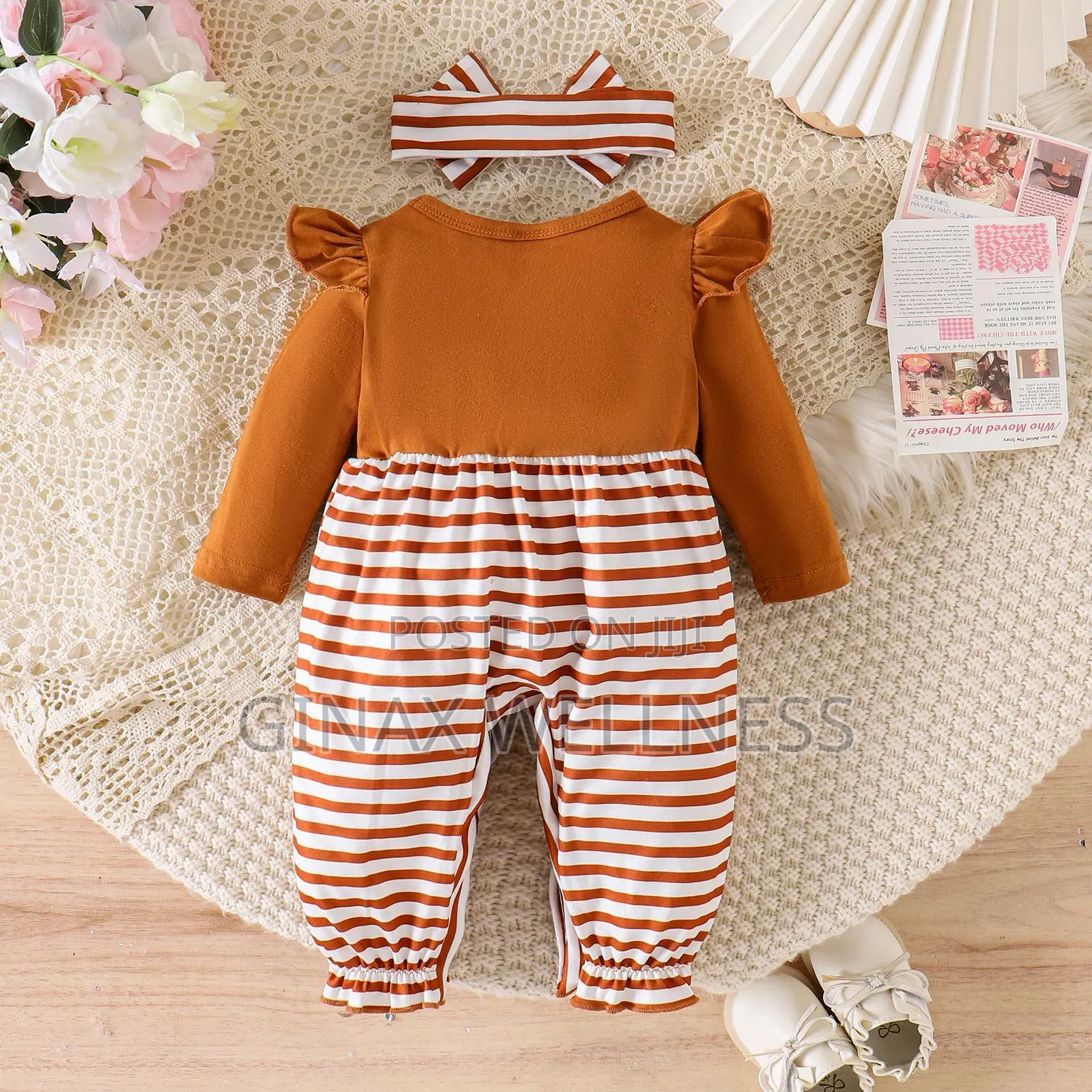 Baby Girl Brown Striped Long Sleeve Jumpsuit With Headband (0–9Months)